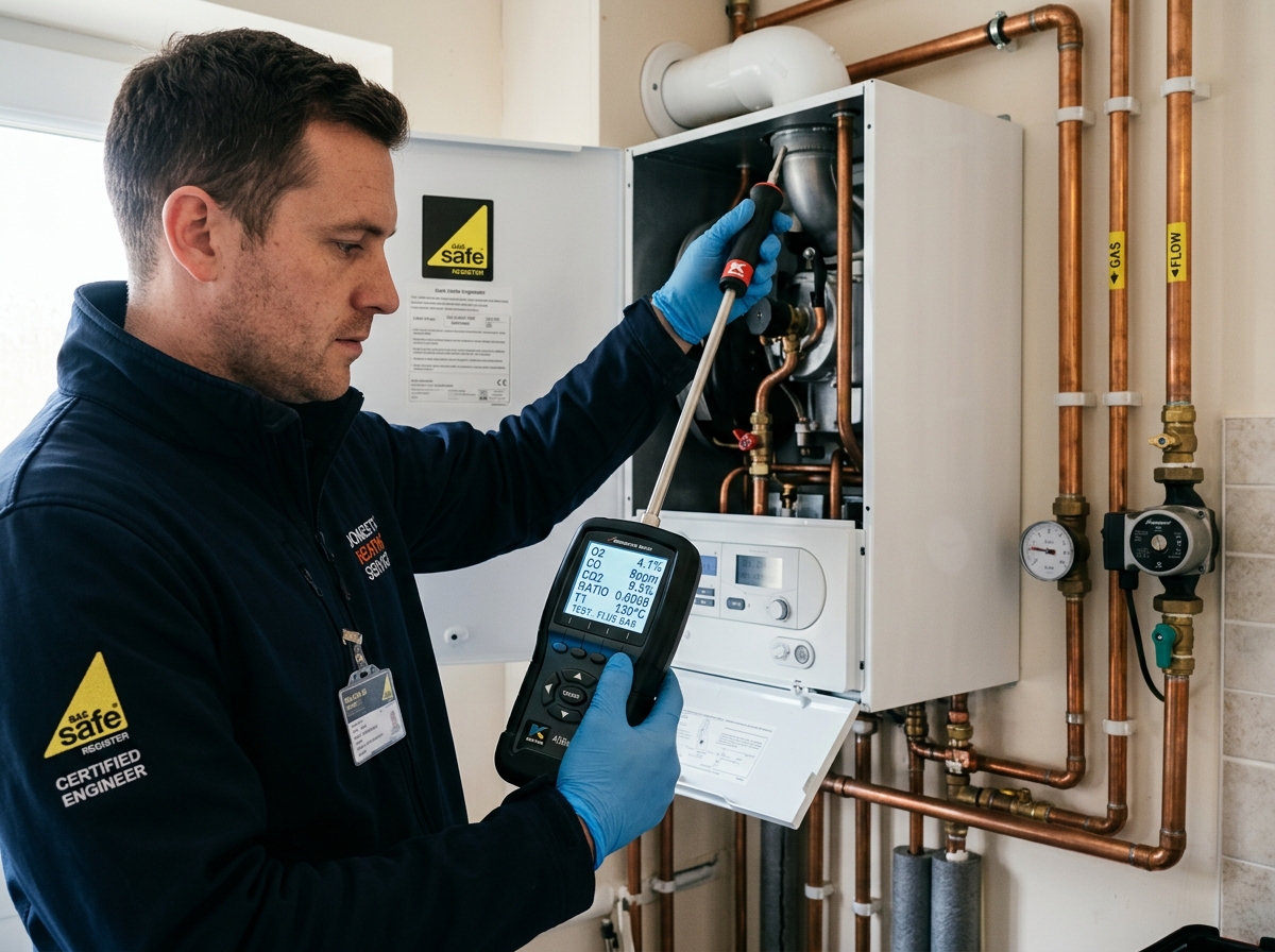 Certified engineer conducting flue gas analyzer diagnostics